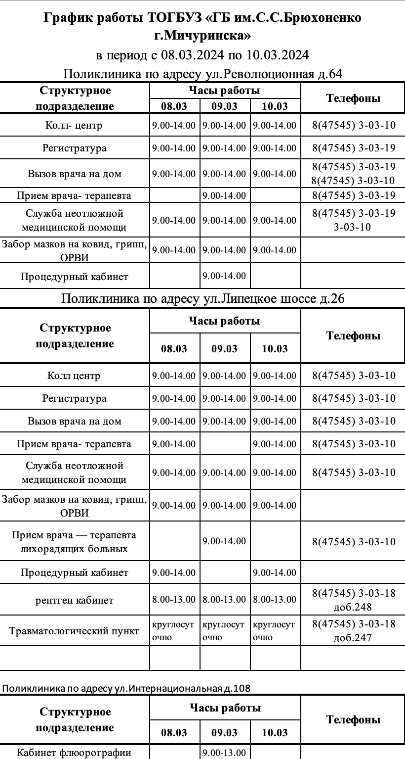 График работы поликлиники в период с 08.03.2024 по 10.03.2024 - ТОГБУЗ  «Городская больница им. С.С.Брюхоненко г. Мичуринска»